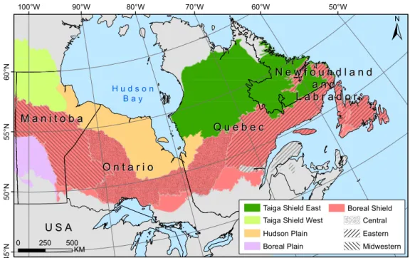 Figure 2.1. Map of eastern Canada’s boreal forest from Manitoba to Newfoundland showing ecozones in colour