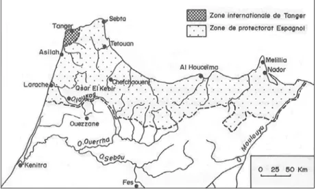 Figure 3. La zone Nord du Protectorat espagnol et la zone internationale de Tanger (Refass, 1996) 