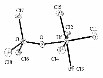Figure 4.    ORTEP view of the [Cl 3 Ti(-O)HfCl 5 ] 2-  ion. 