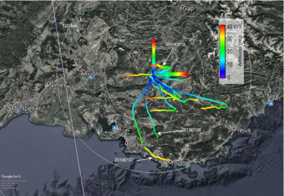 Figure 4. OHP wind lidar sampling location along north and east lines of sight (thick lines) and trajectories of 12 radiosondes launched from OHP for wind lidar validation (thinner curves) color coded by the altitude a.s.l