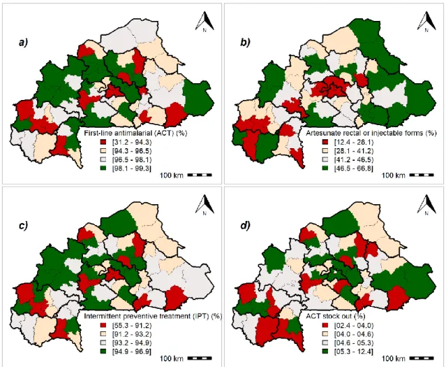 Figure 3. Geographical distribution of malaria readiness indicators regarding malaria treatment at the  health-district level: Posterior medians of fitted values