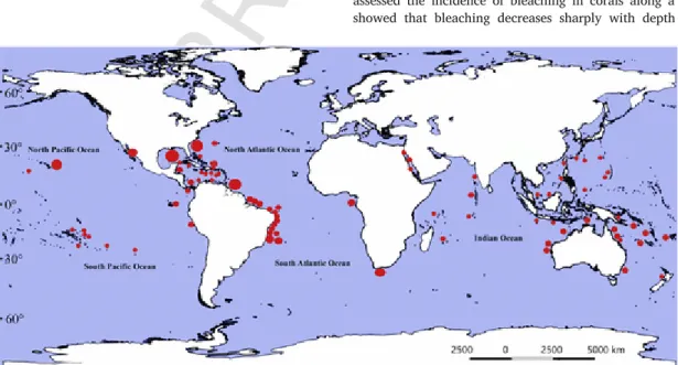 Fig. 1. Mesophotic coral ecosystems (MCEs) worldwide. Circle size indicates number of MCEs in the region.Source: mesophotic.org, Baker et al