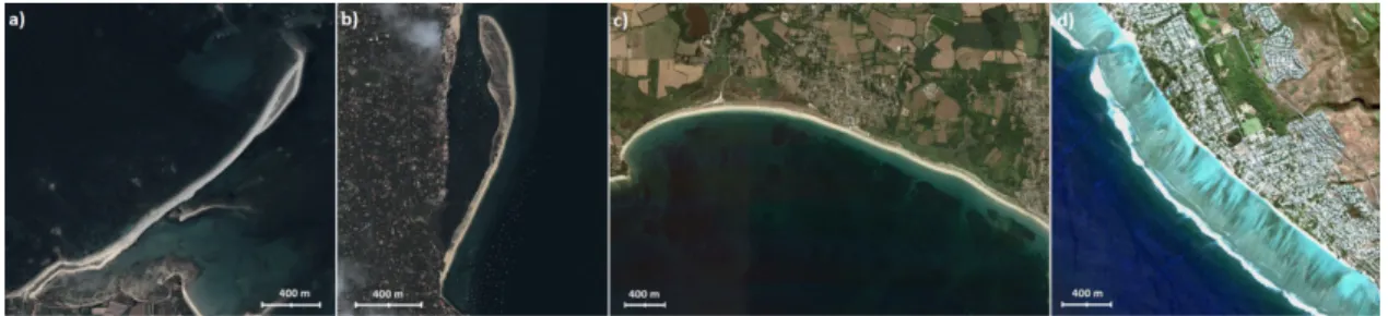 Figure 1. Examples of linear coastal landforms on French coasts: (a) Sillon de Talbert thin trail of  pebbles, (b) Mimbeau bank in Cap Ferret, (c) Suscinio beach, (d) Ermitage back-reef beach  (GoogleEarth© images)