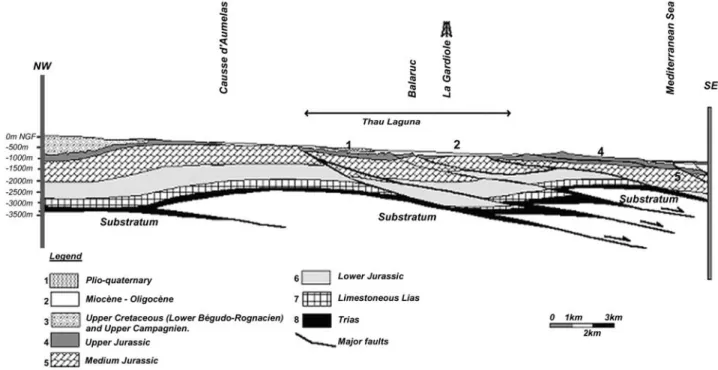 Figure 2. Regional geology across the Thau karst system: northern cross section A.