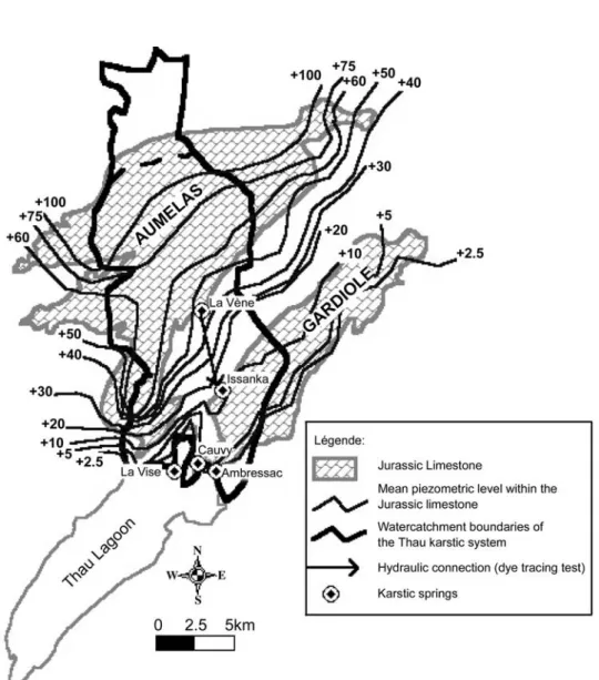Figure 4. Hydrogeological setting of the Thau karstic system that belongs to the Jurassic limestone outcropping of the northern Montpellier fold