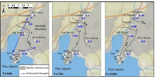 Figure 4 Spatial propagation of the hydraulic perturbation (hydraulic head increase in m) across the Balaruc-les-Balaruc-les-352  Bains peninsula during the 2014 inversac event at three times after initiation: T+24 h, T+72 h, and T+216 h