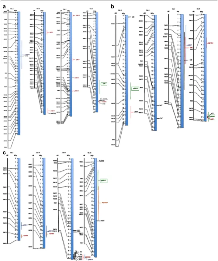 Fig. 3 a, b and c: Integrative map showing all known resistance QTLs/genes to African and Asian Xoo