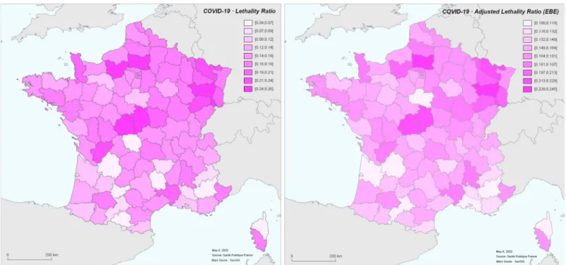 Fig 6. Case-fatality rate (left) and case-fatality rate adjusted by empirical Bayesian estimator (right) for the COVID-19 epidemic in France from 19 March to 8 May 2020.