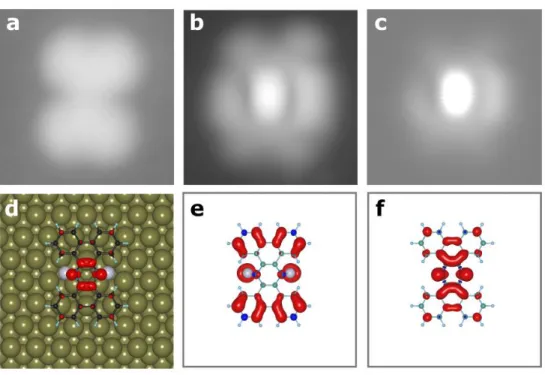 Figure 3. Experimental conductance maps vs. theoretical spin density map. STM constant current  topographic images of (a) the bare tetrabenzo[a,c,j,h]phenazine molecule at 100 mV as a reference  and (b) Al 2 -molecule complex at 5 mV