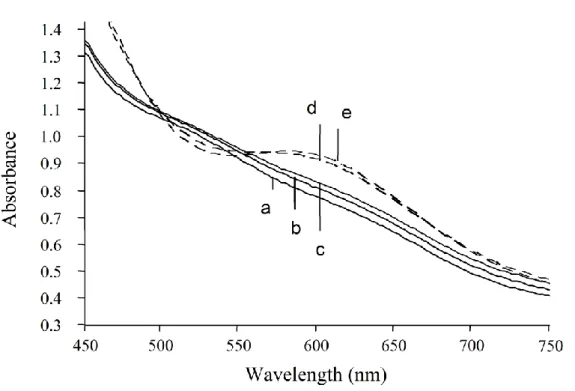 Figure 6.  Evolution of the UV-visible spectrum of the pink cobalt adduct 2 in a degassed acetone/water mixture (9.5/0.5) (full  lines) (a) t = 0, (b) t = 20 min, (c) t = 40 min under inert atmosphere, before exposure to air for 4 min between each scan  (d