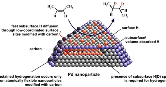 Figure 6. The presence of C atoms at the corners of the Pd NPs facilitates the diffusion of the  hydrides and the formation of subsurface H(D) species, which enhance the catalytic performance