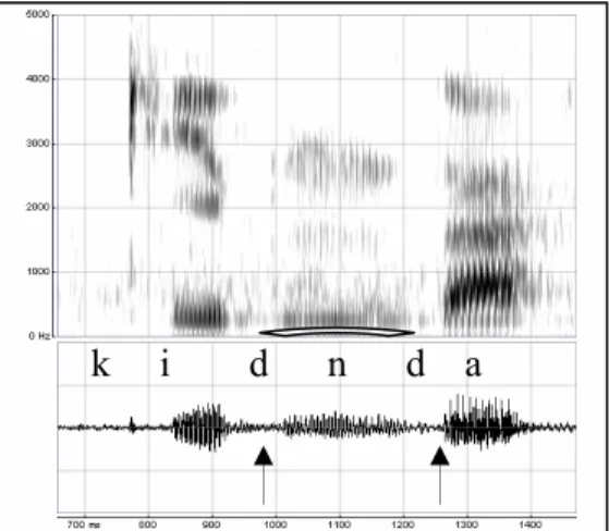 Figure 1. spectrogram and audio waveform of the  word kidnda ‘thing’ in Karitiana. 
