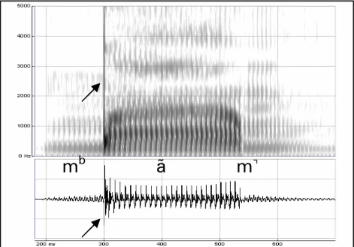 Figure 2. Spectrogram and audio wave form of  the word  [ m b a)m|]  'to tighten’ . 
