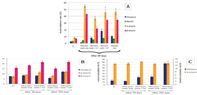 Figure 3. Autoxidation rates (calculated using the following ratio: oxidation product/(parent compound + total of oxidation products quantified) of the studied compounds in SPM incubations for the Rhone River (A); and in Quercus ilex (B) and Smilax aspera 