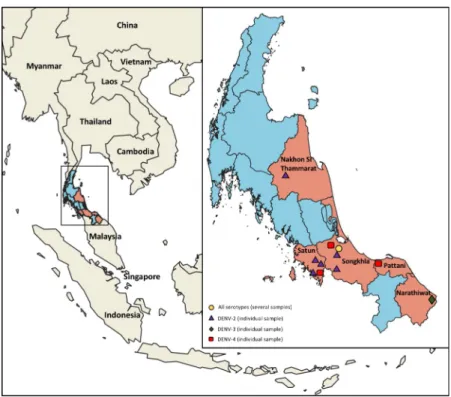 Fig 1. Map of Thailand showing surveillance region and DENV types detected. Participating provinces are highlighted in orange