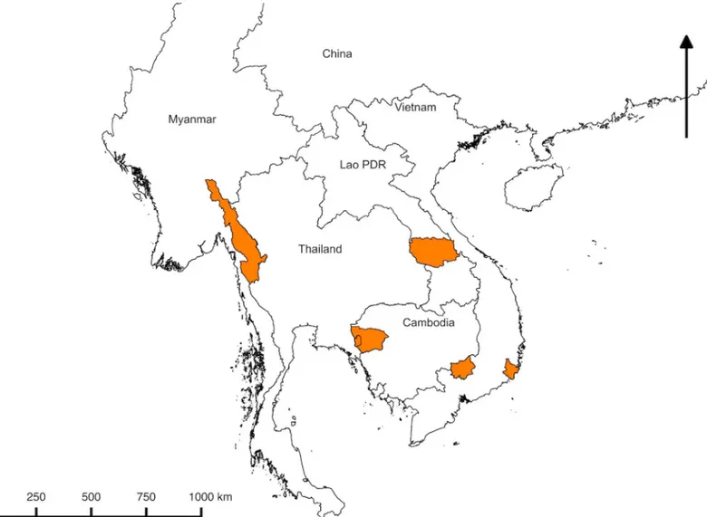 Fig 1. Map of the Greater Mekong Subregion. The areas highlighted in orange are study sites: Kayin (Karen) state, Myanmar; Battambang province, Cambodia;