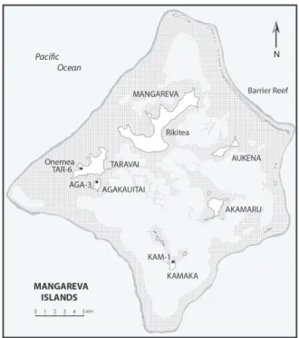 FIGURE  1.  Map  showing  the  various  Mangareva Islands that comprise the Gambier Group in the eastern Pacific  and locating  the archaeological  sites for  which faunas are presented here.