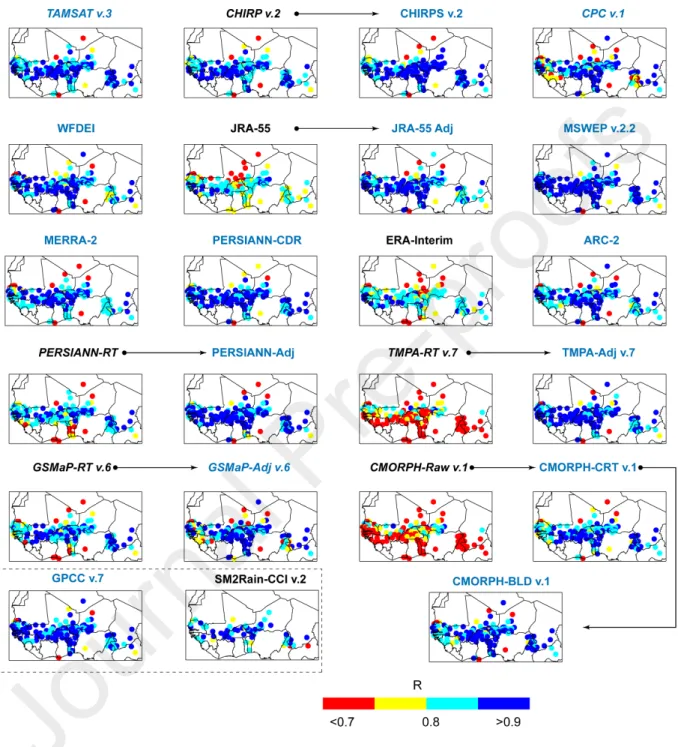 Figure 5. P-dataset reliability at the grid-cell scale expressed in the form of correlation considering all months in 2000–2003