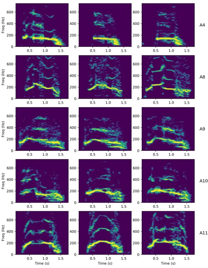 Figure  5.  Examples  of  FT  roar  structure  for  each  individual  lion  as  recorded  by  the   biologgers