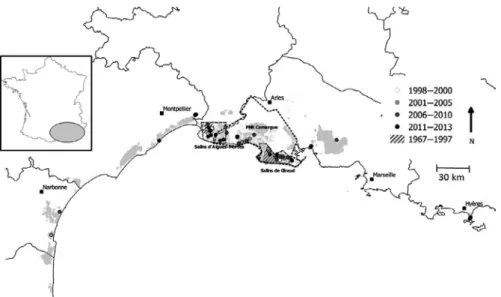 Figure 1) for thirty years. In the 2000s, the population exhibited an  abrupt  range  expansion  with  new  colonies  establishing  alongside  the eastern and western section of the French Mediterranean coast  (Doxa  et  al.,  2013;  Simon  et  al.,  in  p