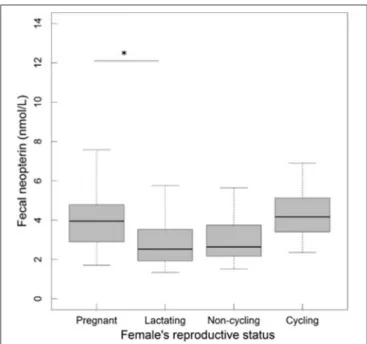 FIGURE 4 | Fecal neopterin concentrations (raw data) in relation to female reproductive state (N = 32 individuals and 149 samples including 25 from pregnant females, 48 from lactating females, 62 from non-cycling females and 14 from cycling females; mean n