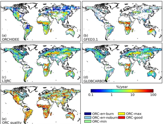 Figure 4. Mean annual burned fraction (in percentage) over 2001–2006 (a) as simulated by ORCHIDEE, and by the satellite-derived burned area data sets: (b) GFED3.1, (c) L3JRC and (d) GLOBCARBON