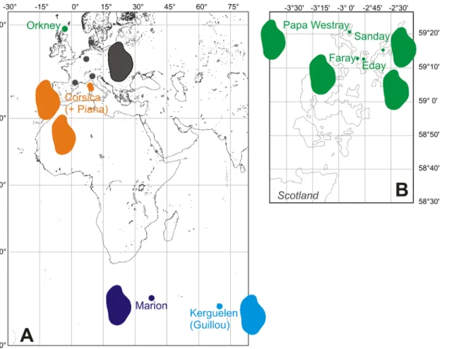 Fig 2. Location of the studied populations. A. General map, with dots showing sampling localities: Western European mainland areas (in grey) and archipelagos (Orkney, in green; Corsica, in orange; Marion, in dark blue; Kerguelen, light blue)