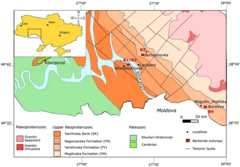 Figure 1.  Synthetic geological map showing the relations between the Paleozoic-Precambrian sedimentary  cover and the Archean basement rocks of the Ukrainian Shield and the position of the bentonite outcrops.