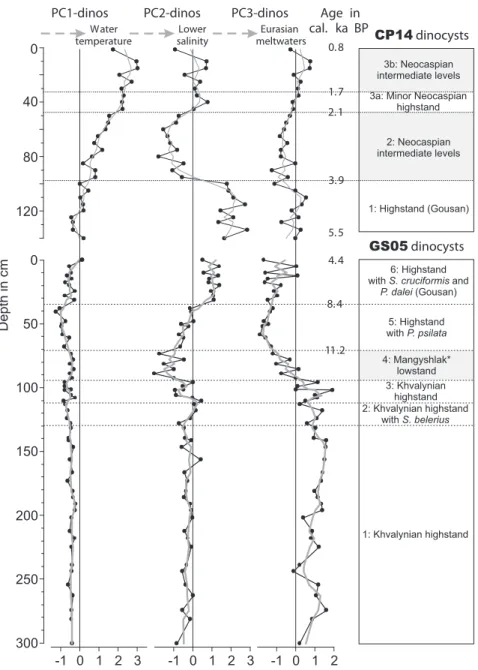 Fig. 7. Factor scores for the ﬁrst three principal components of the dinocyst data in GS05 and CP14 cores