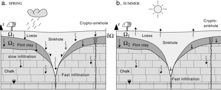 Figure 13. Interpretation of the self-potential changes between spring and summer. (a) In spring, large negative self-potential anomalies are associated with percolation of the groundwater in sinkholes