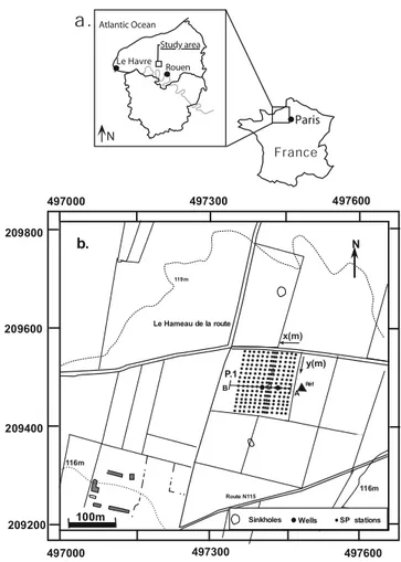 Figure 2. Self-potential map, position of the measurement stations, and position of the two boreholes (spring data).