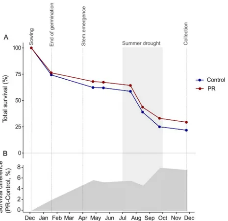 Fig 3. Survival of seedlings per treatment during the experiment. (A) Survival curves in the precipitation reduction treatment (PR, in red), and in the control (in blue)