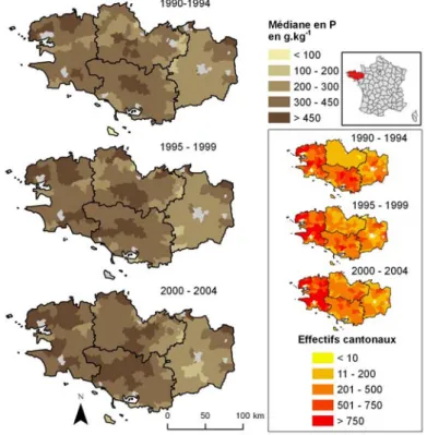 Figure 3  : L’évolution des teneurs  médianes cantonales en phosphore  assimilable des horizons de surface des  sols agricoles de Bretagne (Lemercier et  al., 2008)