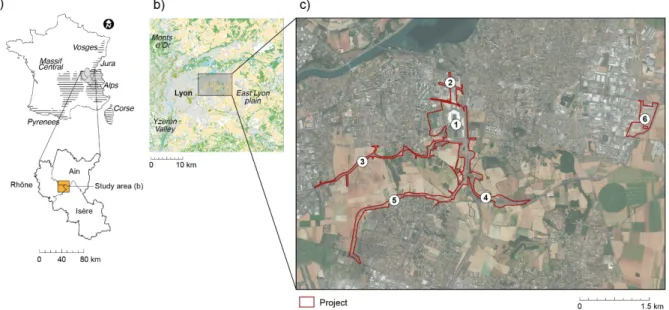 Fig. 2. Location of the new stadium and its associated developments (1: OL Land Stadium, 2: Extension of the  T3 tramway line, 3: Development of existing street, 4: Creation of interchange with national road, 5: 