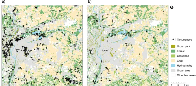 Fig. 3. Land-use map of the study area. Distribution of occurrence points (black cross) for red squirrel (a) and  Eurasian badger (b) (from www.faune-ain.org, extracted 18.01.2018, www.faune-rhone.org, extracted  06.11.2017, and www.faune-isere.org, extrac