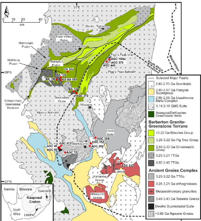 Figure  1:  Simplified  geological  map  of  the  Ancient  Gneiss  Complex  (Swaziland)  and  Barberton  529 
