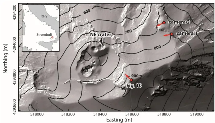 Fig. 2 Location of the NE crater, of the two cameras used for observation of ejecta trajectories and of 164 