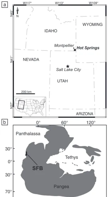 Fig. 1. (a) Map of the studied area and location of the Hot Springs section. (b) Early Triassic location of the Sonoma Foreland Basin.