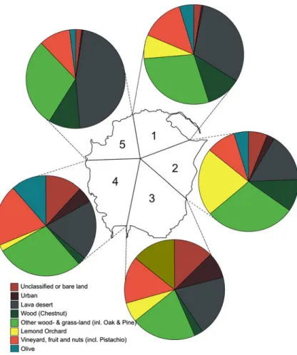 Fig. 4 Pie charts showing relative extent of each land cover type within each sector