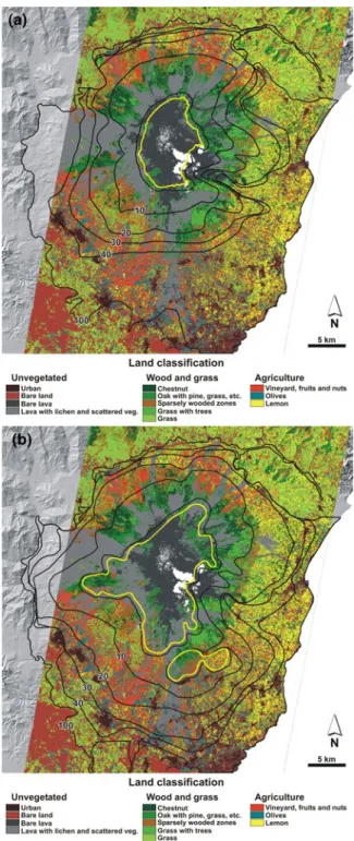 Fig. 6 ASTER-derived land classification map of Fig. 3 overlain with effusion rate contours for (a) the 2,000-m vent zone and (b) the modified Guest and Murray (1979) vent zone.