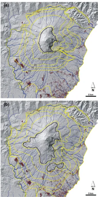 Fig. 7 Main lava drainage lines defined for Mt. Etna with effusion rate contours overlain for (a) the 2,000- 2,000-m vent zone and (b) the 2,000-modified Guest and Murray (1979) vent zone