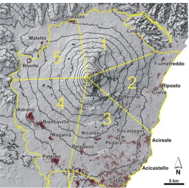 Fig. 1 Etna-shaded relief map with contours (spacing: 250 m), limit of Etna volcanics (yellow line) and sectors defined in this study (numbered zones separated by radial yellow lines)