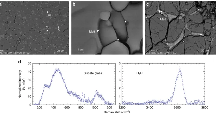 Fig. 2 Sample characterization after high-pressure, high-temperature experiments. a – c FEG-SEM images showing mineral and melt distribution in recovered samples