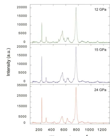 Fig. 4. Raman spectra of liebermannite at 12, 15, and 24 GPa.  