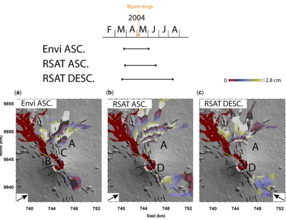Fig. 13. Three wrapped interferograms showing deformation associated with the 2004 Nyamulagira eruption