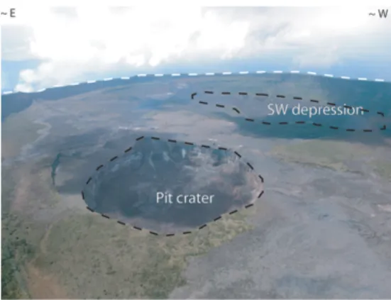 Fig. 2. Nyamulagira’s summit (viewed from the North) is characterized by a c. 2 km-radius caldera, outlined in white, which has walls up to 100 m high