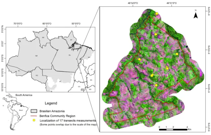 Fig. 1. The study area (Benfica, PA), located southeast of the Brazilian Amazon, shown by a  140 