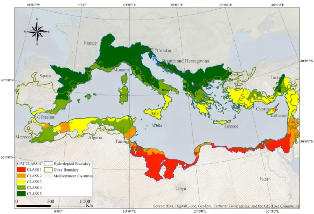 Figure 6. Geographical distribution of the Mediterranean climatic classes based on average catchment indices using WorldClim-2 monthly data.