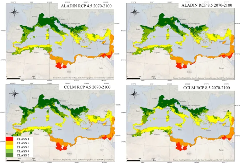 Figure 7. Projected geographical distribution of the Mediterranean climatic classes based on WorldClim-2 gridded climatic indices using projected data under the ALADIN and CCLM RCP4.5 and 8.5 scenarios for the 2070–2100 period.