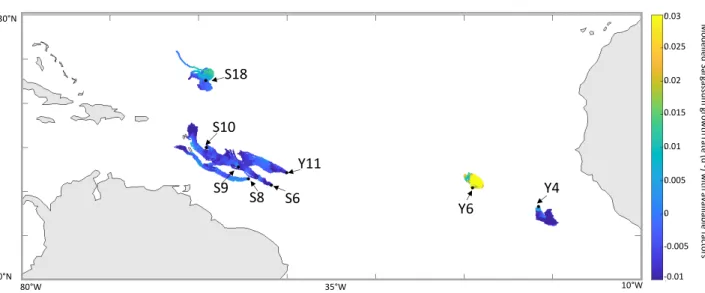 Fig.  7.  Forward  Lagrangian  tracking  for  30  days  of  raft  harboring  at  the  time  of  sampling  highest abundance of Vibrio and modelled Sargassum growth rates (d -1 ) along trajectories   (S stations for June and Y stations for October 2017)